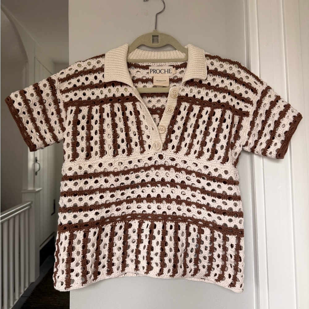 Proche Cream and Brown Crochet Women's Top